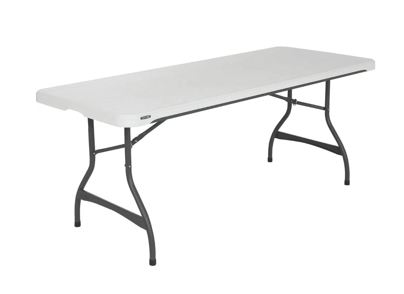 Six-foot commercial folding table with a white top and black metal legs