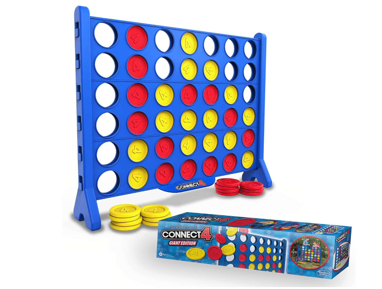 Giant Connect 4 game with blue frame and red and yellow pieces