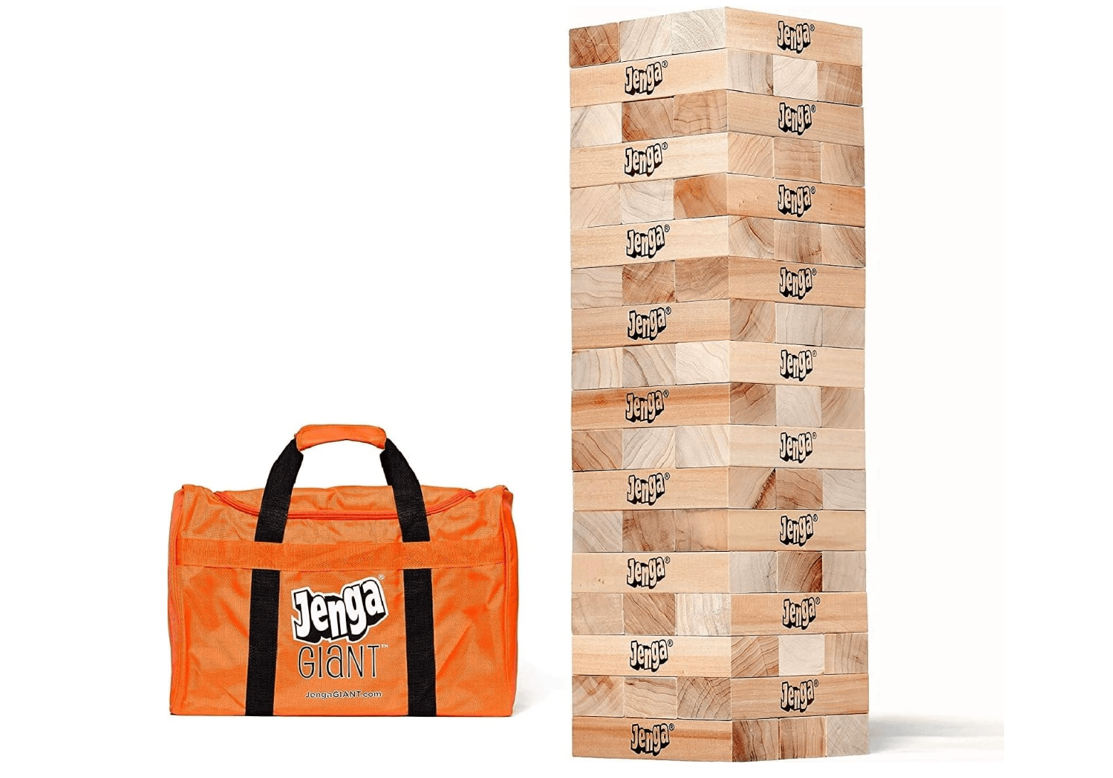 Giant Jenga wooden block tower with orange carrying bag